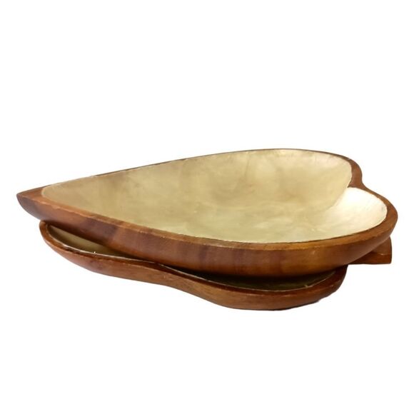 2 Capiz Shell Lined Monkey Pod Dish Set MCM Card Suit Bowls Acacia Spade Heart. - Picture 10 of 16